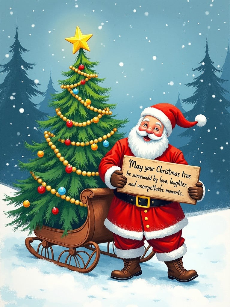 Santa holds a sign with a Christmas wish. A decorated Christmas tree stands beside him. Snow falls gently in the scene. Colorful bulbs hang on the tree. Santa's sleigh is visible. The setting is cheerful and festive.