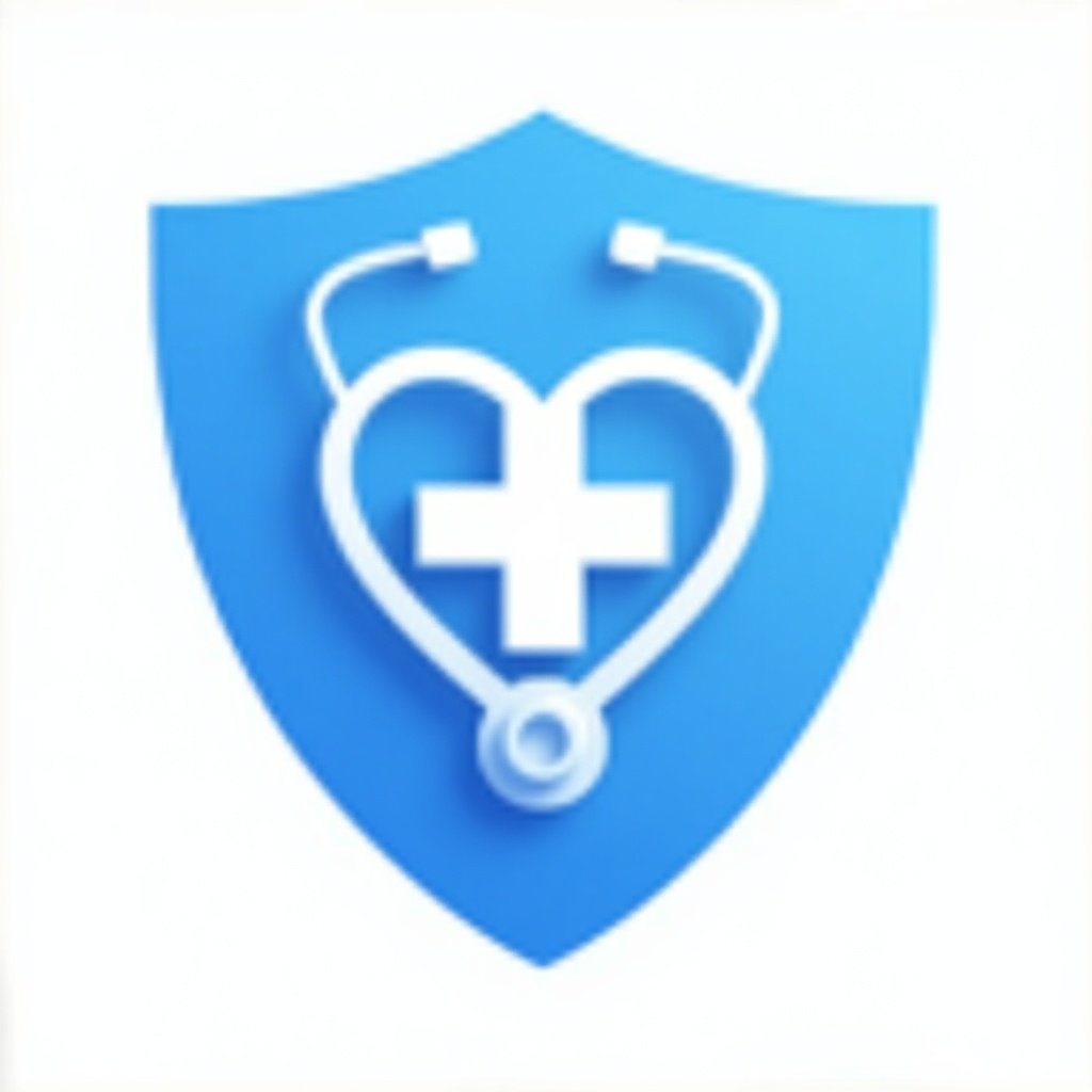 Logo depicts a blue shield shape. Inside the shield, a stethoscope is formed into a heart shape, white cross is within the heart.