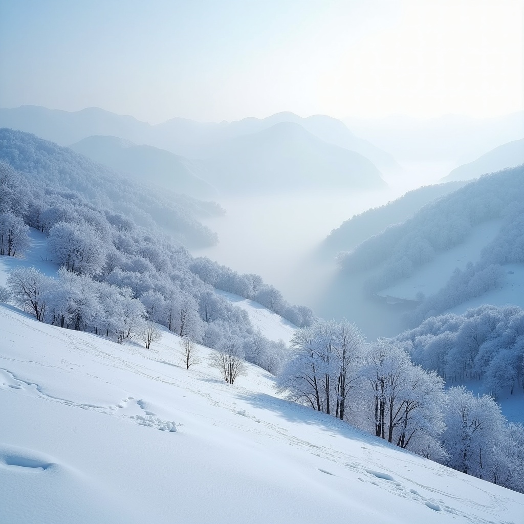 The image captures the tranquil beauty of the first snow in Jiangnan. Snow is gently floating down, creating a soft white blanket over the landscape. Layers of mountains recede into the distance, all beautifully dyed by the fresh snow. The light is soft and diffused, enhancing the peaceful atmosphere of the scene. This winter wonderland is both calming and mesmerizing, inviting viewers to appreciate nature's beauty in its quietest moments.