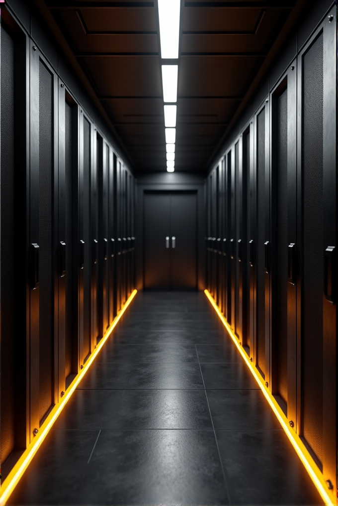 A futuristic hallway lined with black server racks, illuminated by bright overhead lights and glowing orange floor lights.