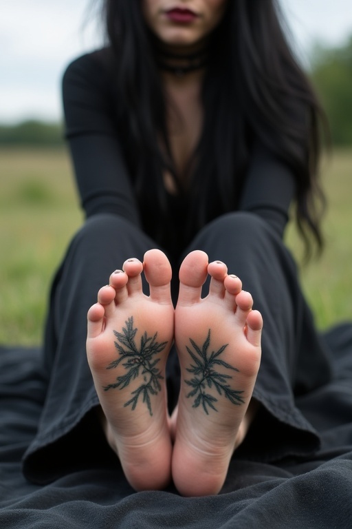 Mature goth woman with long black hair shows tattooed soles of bare feet. She's sitting on a blanket outside. The setting is natural and serene.