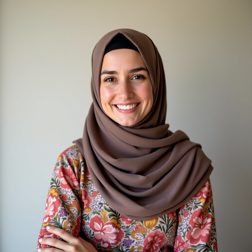 A Jordanian woman is standing against a neutral background, wearing a hijab and a traditional floral dress. She has a gentle smile on her face, showcasing her friendly demeanor. The dress features bright floral patterns, reflecting cultural motifs. The lighting is soft, highlighting her features and the textures of her outfit. This image radiates warmth and inclusivity, making it a perfect representation of cultural pride.