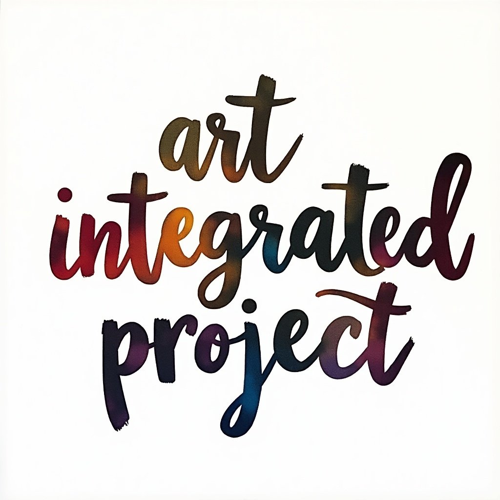 Handwritten text saying 'art integrated project'. Text has colorful gradient. Background is plain white.