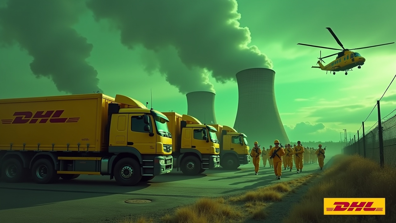 In a dramatic scene, several large yellow delivery trucks equipped with enormous cannons drive up to a fence. The sides of the delivery trucks show the DHL logo. Nearby, several soldiers wearing yellow uniforms and holding rifles are seen marching together in unison. One soldier is holding a flag with the DHL logo. In the background, we can see the prominent smokestacks of a nuclear power plant, glowing green. The sky is awash with an evil green glow, and a large yellow Chinook CH-47 cargo helicopter flies above, adding to the intensity of the scene. At the bottom, we see the DHL logo, displayed in bold, yellow text.