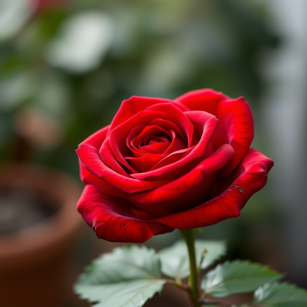 A vibrant red rose in full bloom with a soft-focus background of greenery.