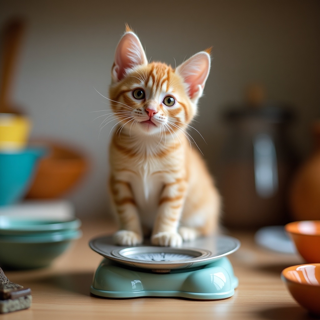 The image features a cute orange tabby cat standing on a sleek scale in a kitchen setting. It has bright, expressive eyes and a playful demeanor. Various kitchen items, such as colorful bowls and utensils, are softly blurred in the background. The lighting is natural and soft, creating a warm atmosphere. This scene captures a moment of curiosity as the cat explores the scale, making it endearing and relatable for pet lovers. The composition invites viewers to share in this playful experience.