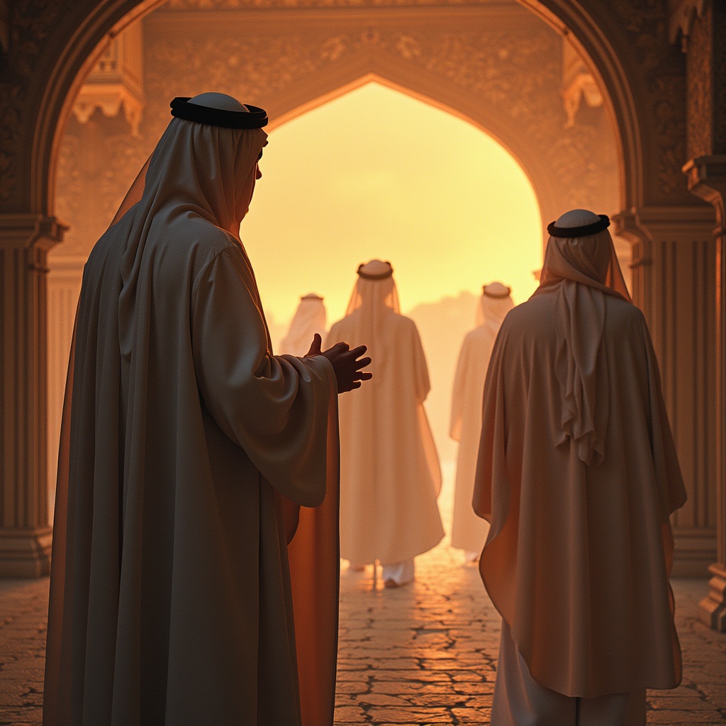 Silhouetted figures in traditional attire walking through a grand archway during sunset. The scene conveys a serene and reflective atmosphere. Soft lighting enhances the gold and orange hues of the background.