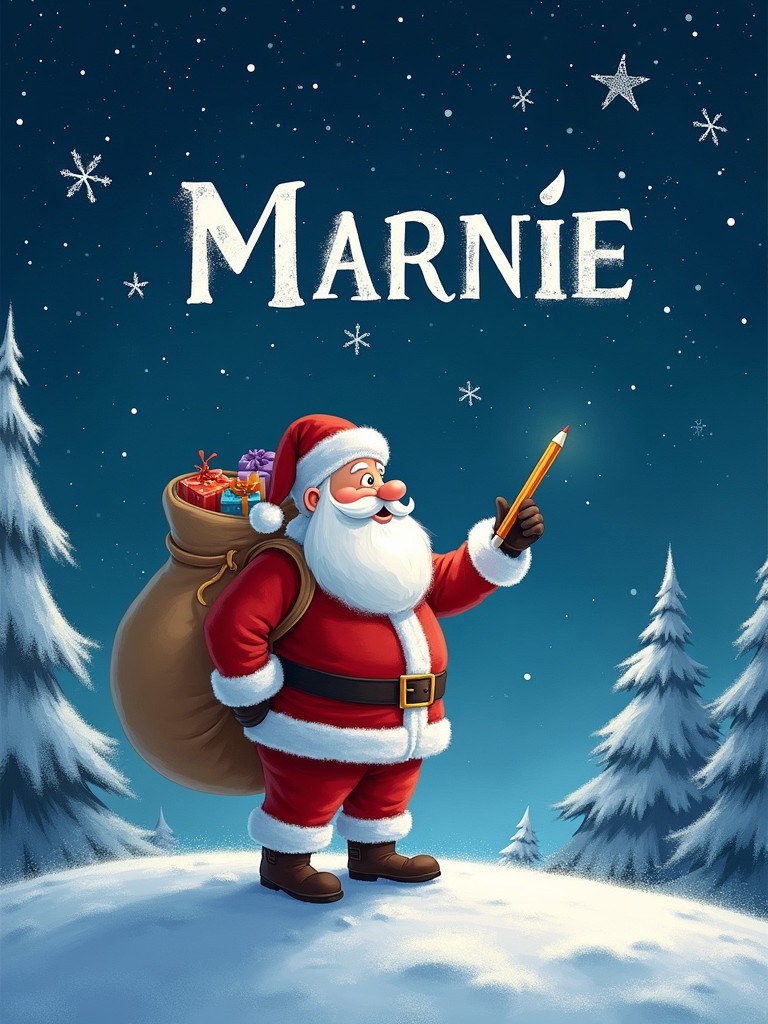 Santa Claus stands on a snowy hill under a starry night. He writes names in the sky with a pencil. Dressed in red and white. Large sack of gifts on his back. The name Marnie is in a whimsical font.