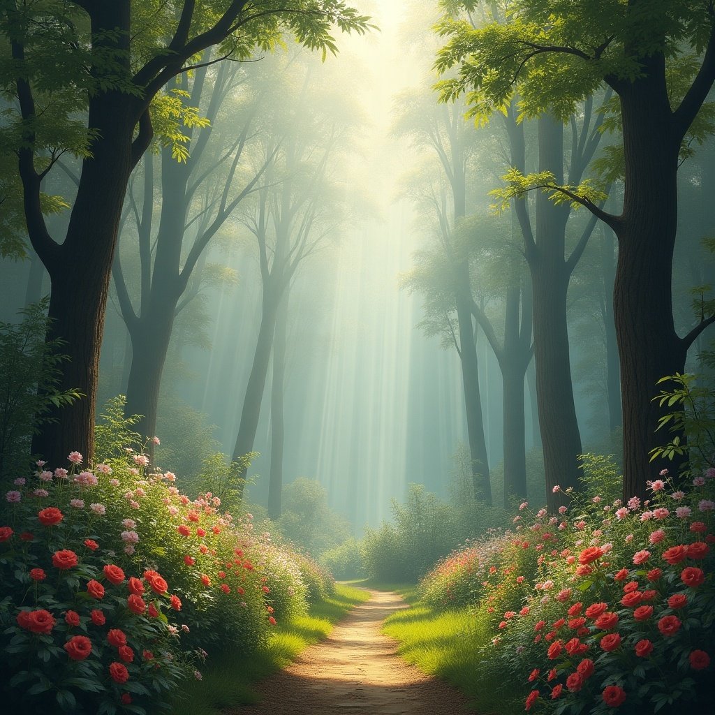 A peaceful pathway through a lush green forest. Tall trees frame the path, with soft sunlight filtering through leaves. Flowering bushes in pink bloom on both sides.