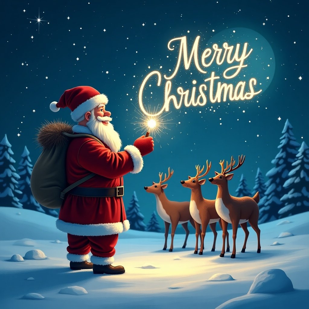 Santa stands in a snowy landscape at night. Stars and moon illuminate the scene. Santa writes 'Merry Christmas' in the air with a wand, creating sparkly magic. Reindeer are beside him. A divine exposure is visible in the sky.