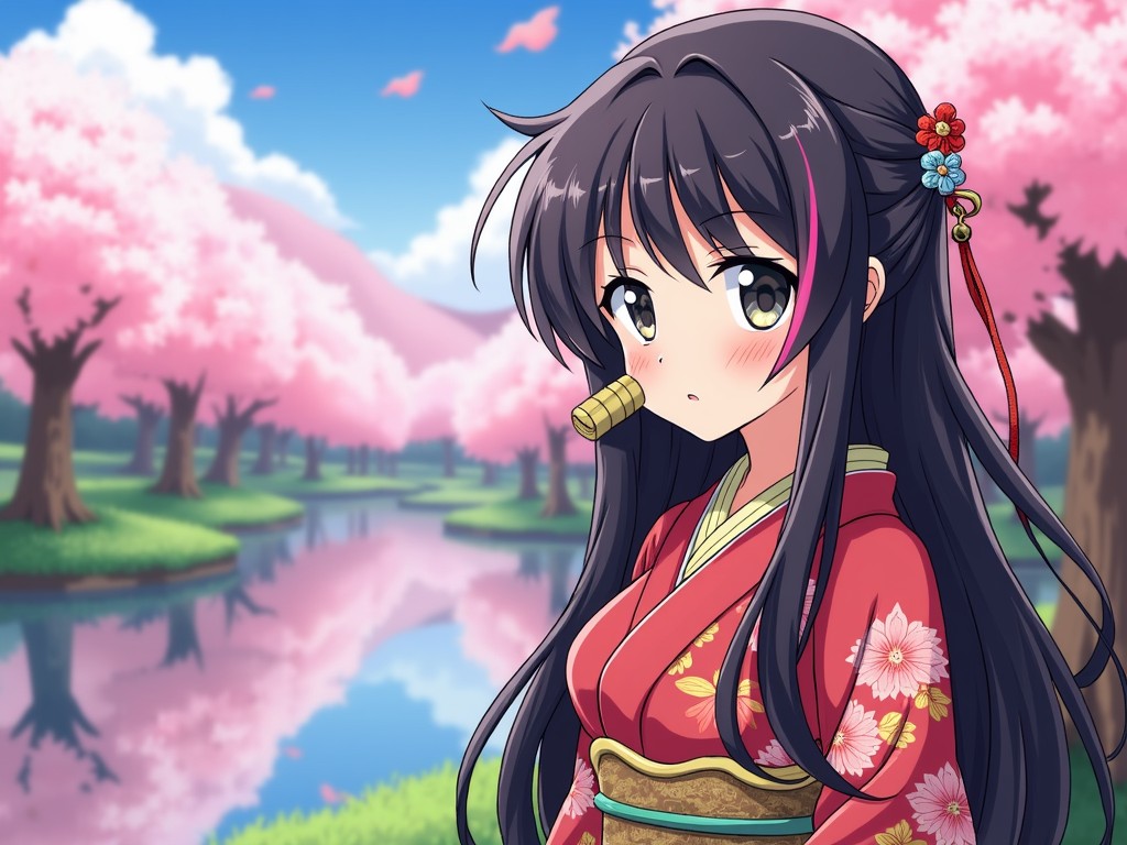 This anime-style illustration features a young girl wearing a traditional red kimono adorned with cherry blossom patterns. Her long dark hair is decorated with red and blue floral accessories. She stands by a serene riverbank reflecting the vivid pink cherry blossom trees in full bloom, against a backdrop of rolling hills and a bright blue sky.