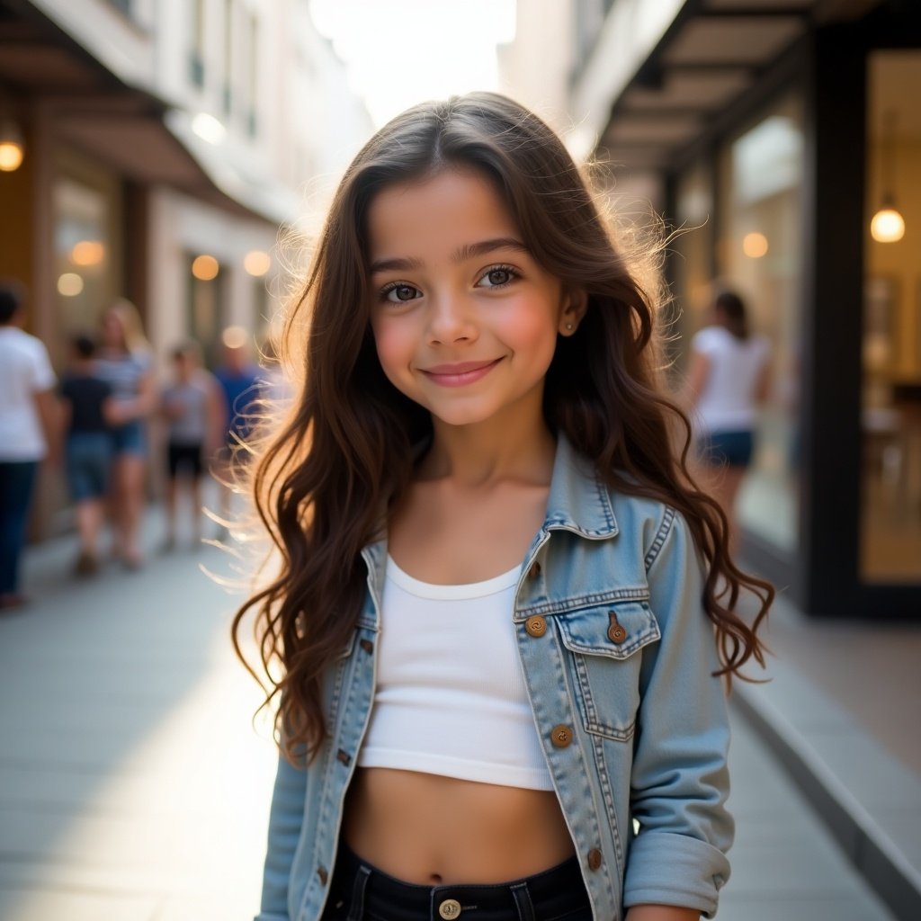 A young girl with hazel eyes and dark brown hair smiles in a denim jacket and crop top. She stands on an urban street with soft sunlight in a lively atmosphere.