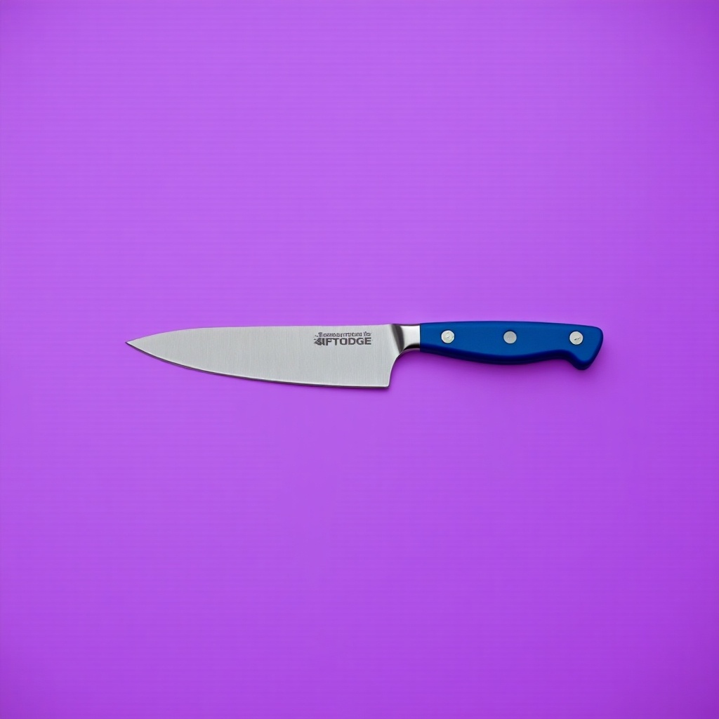 A sharp knife with a blue handle rests on a vibrant purple background. The knife's blade is shiny and well-defined, emphasizing its sharpness. The handle has a sleek design with three rivets, adding to its modern look. The background is flat and uniform, making the knife stand out. This image captures the essence of kitchen tools, ideal for culinary enthusiasts.