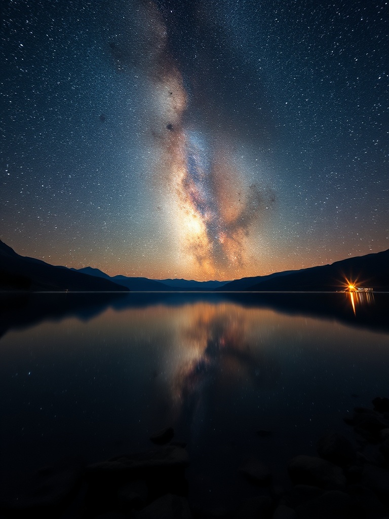 A stunning image of the Milky Way galaxy stretching across the night sky. The stars are reflected perfectly in the calm waters of a lake below, creating a symmetrical and ethereal view. The horizon is punctuated by the subtle silhouette of distant mountains and a solitary light, adding a serene balance to the celestial curtain above.