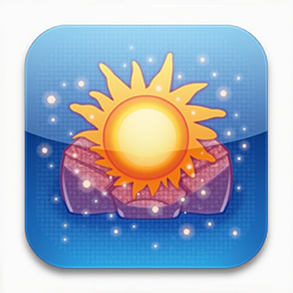 The image is a vibrant app icon featuring a sun above a rock formation. The sun is brightly colored in yellow with rays extending outward. The background consists of a smooth blue gradient. The rocks below are depicted in a purple hue, enhancing the color contrast. This design evokes feelings of warmth and positivity, ideal for inviting user engagement.