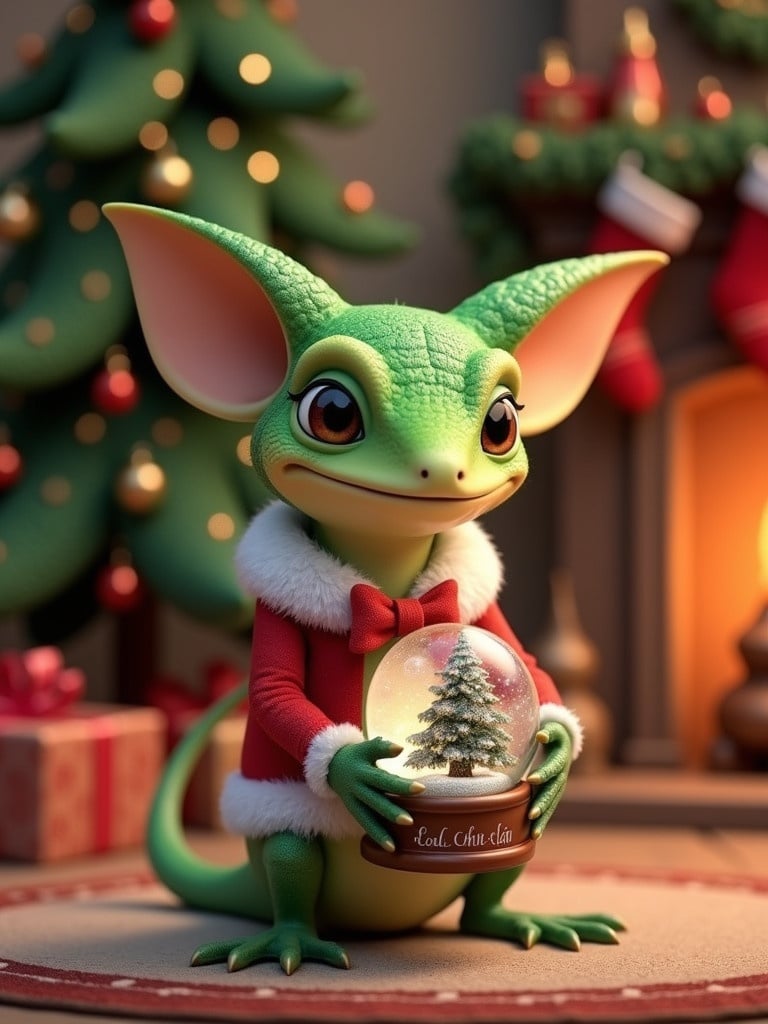 Cute character resembling a lizard in a Santa outfit holding a snow globe. Character is green with large ears and a bow tie. Background features a Christmas tree, fireplace with stockings, and a present labeled Lola.