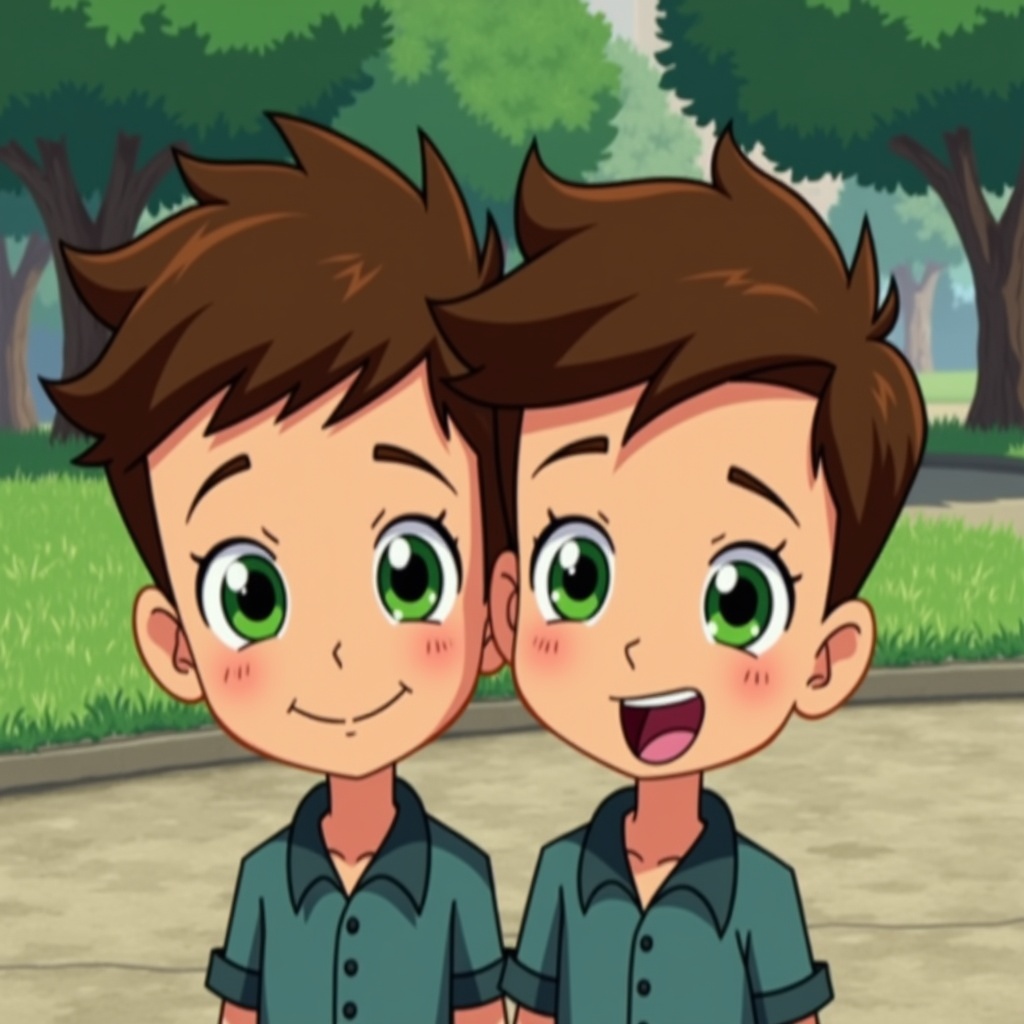 Two animated twin brothers stand side by side. They have brown hair and green eyes. They are smiling. The background shows a park setting.