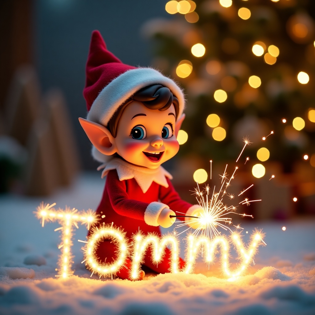 A enchanting Christmas scene featuring a joyful elf with a sparkler. The elf creates a glowing name. Background shows a beautifully decorated Christmas tree with lights. The snowy ground adds a magical touch. Flashes of light enhance the festive atmosphere.