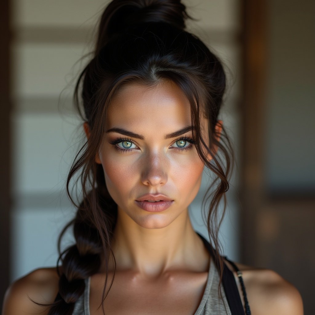 Woman showcasing a strong and attractive physique. Hair styled in a ponytail. The atmosphere is seriously inspiring in a culturally rich environment. Her blue eyes express determination. Perfect body visible in this perspective.