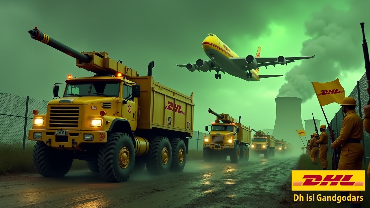 In a dramatic scene, several large yellow armored trucks, equipped with roof-mounted cannons, drive alongside a fence. The trucks display the DHL logo prominently. Soldiers in yellow uniforms march together, holding rifles, with one carrying a large DHL flag. A nuclear power plant with glowing smokestacks looms in the background, under a green sky. Above, a DHL cargo plane flies, enhancing the intensity of the moment. The DHL logo is featured at the bottom in bold yellow text.