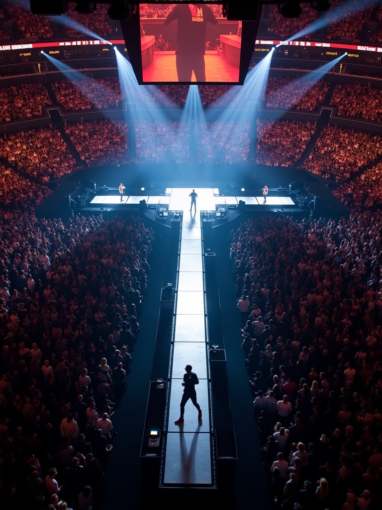 This image shows an aerial view of a 360 concert stage featuring Travis Scott at Madison Square Garden. The stage extends into the audience creating an immersive experience. Bright beams of light illuminate the performer against a large screen backdrop. The audience fills the arena creating a vibrant atmosphere.