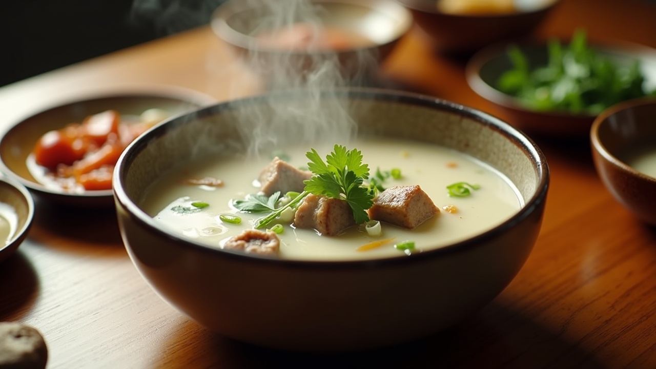 The scene captures the essence of winter dining with a bowl of steaming mutton soup at its center. The soup is rich and milky white, garnished with coriander and green onions, alongside pieces of tender mutton and ginger slices. Surrounding the bowl, various side dishes offer garlic, chili sauce, and vinegar, enhancing the meal. The warm wooden table adds a comforting touch, inviting diners to enjoy the nourishing dish. Gentle light creates a tranquil ambiance, perfect for savoring winter flavors. The image embodies warmth and detailed culinary presentation, ideal for evoking a cozy dining experience.