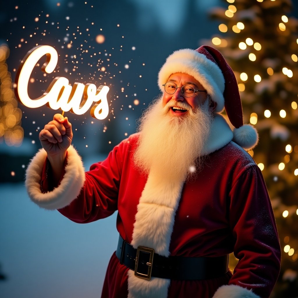 Jolly Santa Claus celebrates Christmas night in a traditional red suit. Softly falling snow surrounds him. He holds a glowing stick lighting up the word 'Cavs'. Background features twinkling fairy lights with illuminated Christmas trees. The scene evokes the warmth and magic of the holiday season.