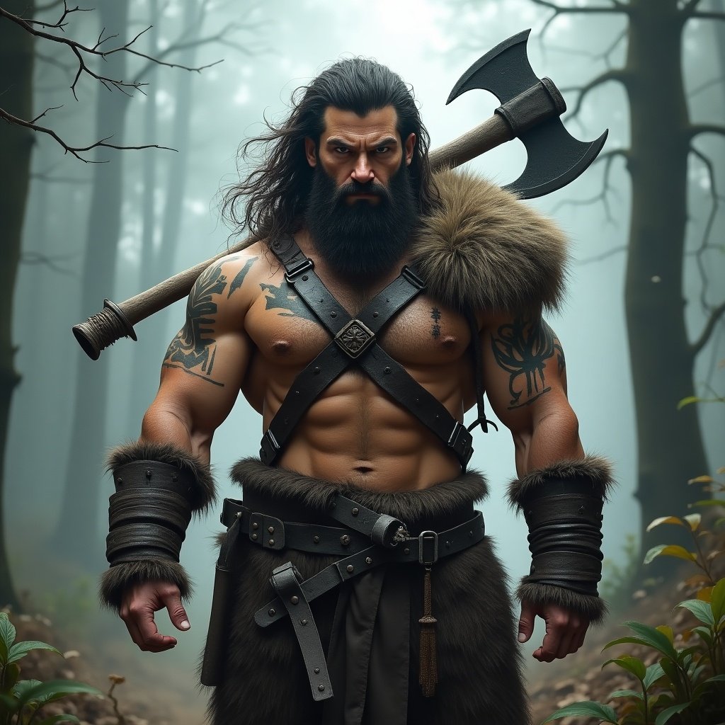 Portrait of a muscular barbarian in a mysterious forest. He has a long beard and shoulder-length hair, wearing leather armor and a fur mantle. An axe rests on his shoulder. The forest is shrouded in fog.