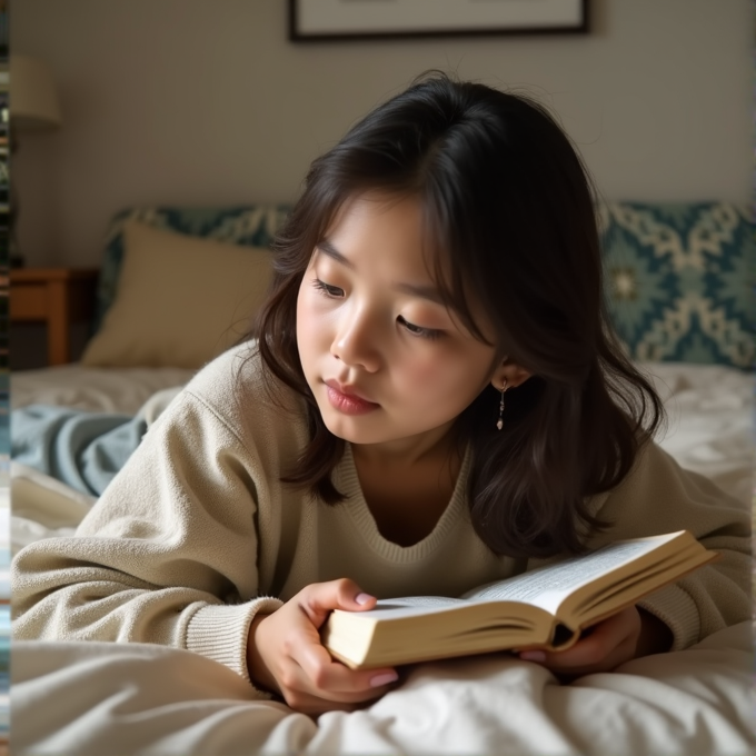 A young girl lies on a bed engrossed in reading a book, with a serene expression and soft lighting.