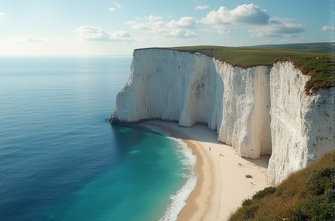 Tall white cliffs tower over a serene beach with turquoise waters, under a partly cloudy sky.