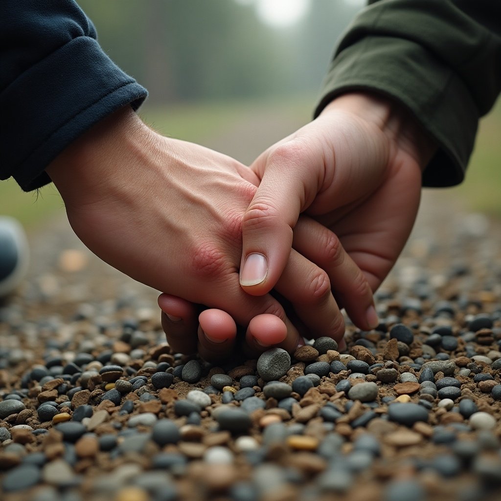 Close-up of two hands holding each other on a gravel path. The hands are interlocked with a focus on the connection. The background shows blurred greenery, reflecting nature.