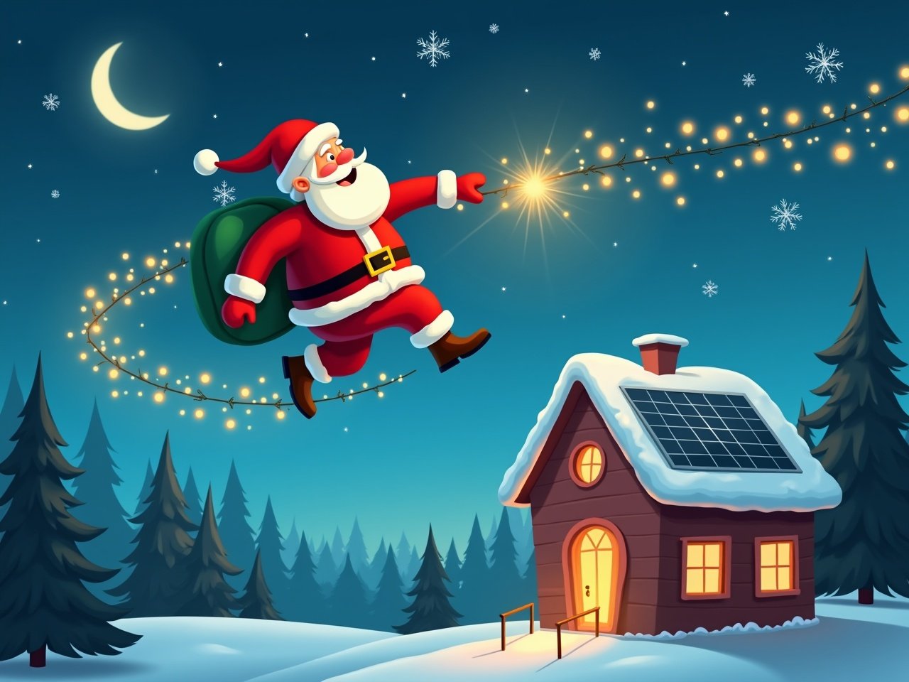 Santa Claus flying over a house decorated with bright Christmas lights that are powered by solar panels. Cartoon style illustration.