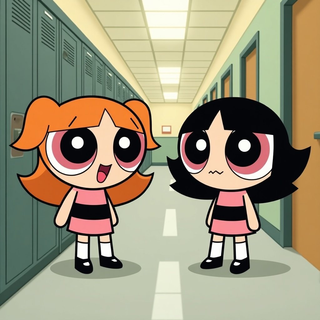 Two cartoon characters in a school hallway. One has orange hair and is smiling. The other has black hair and looks concerned. Background has green lockers. Characters wear matching outfits.