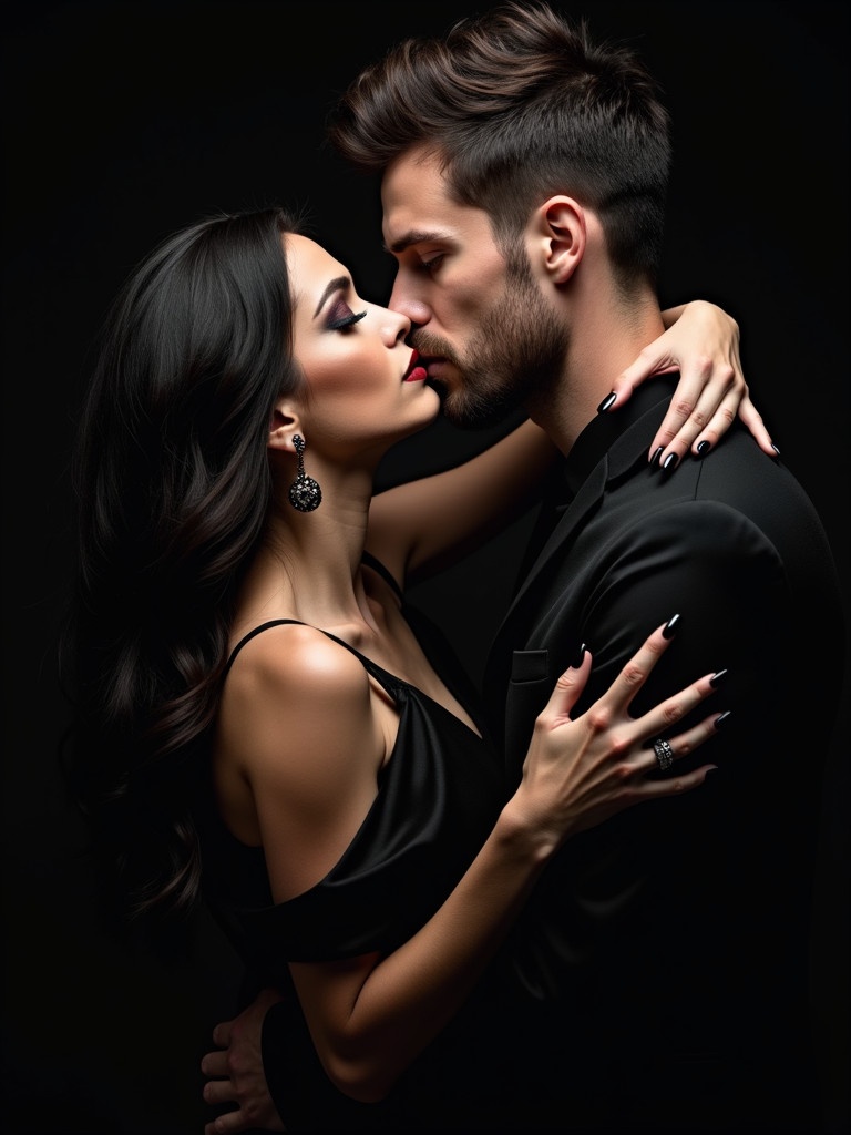 A couple embraces closely in a moment of intimacy. The woman has long dark hair with dramatic makeup. The man has a rugged appearance with short hair. Both wear elegant black clothing, suggesting sophistication and allure.