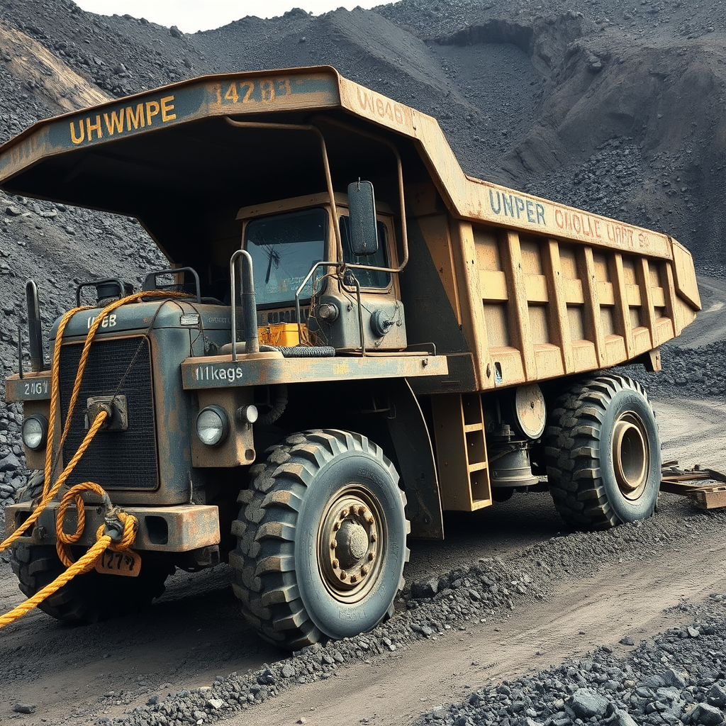 A large dump truck is parked on a dirt road near a rocky hill.