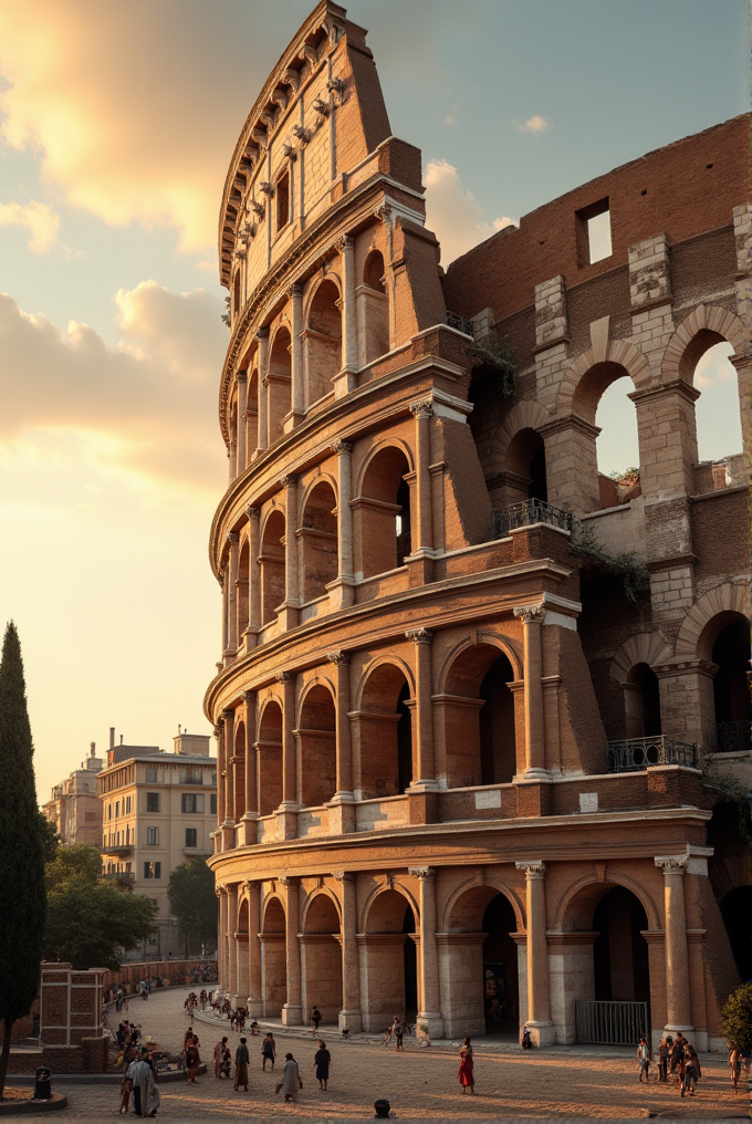 A digitally altered Roman-style amphitheater, with warm evening light casting long shadows and illuminating the intricate architecture.