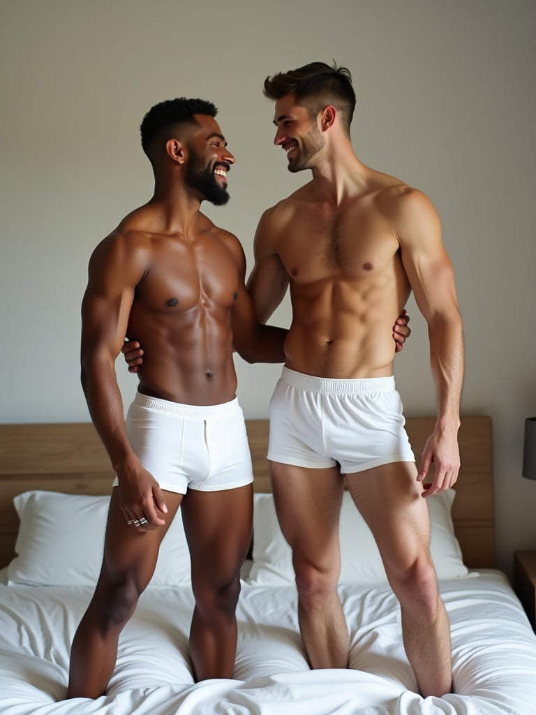 Two athletic Brazilian brothers with massive legs and torsos wearing soft white boxer shorts. They are smiling and standing close together. The setting suggests strong friendship. The lighting captures their expressions effectively. 