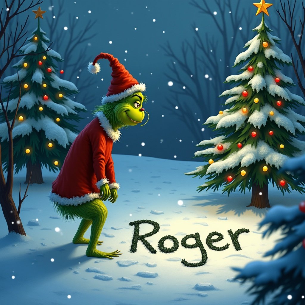 The Grinch stands in the snow surrounded by decorated Christmas trees. The Grinch writes the name Roger in the snow. A whimsical holiday scene is created with lights and a festive atmosphere.