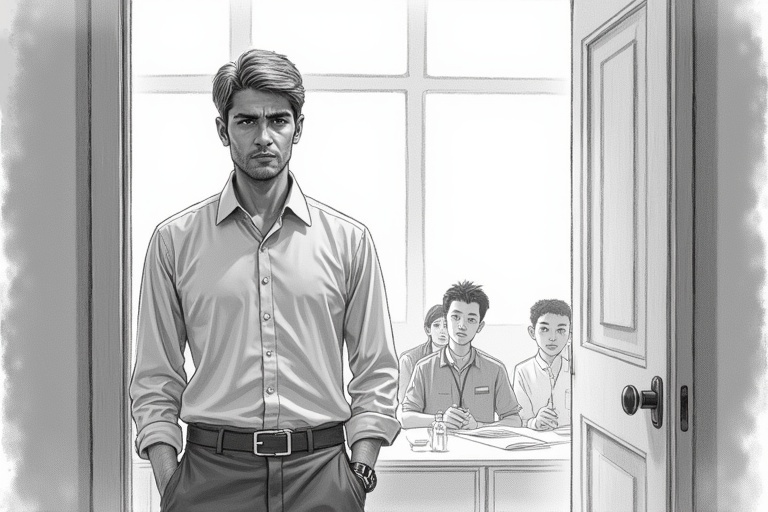 Highly detailed pencil sketch of an Indian male standing at a classroom doorway. He is observing students with a stern gaze. His arms are relaxed by his side and his posture is upright. The composition has Nani on the left edge, blurred students in background. Image emphasizes authority, featuring chiaroscuro lighting and smooth blended shading in monochrome.