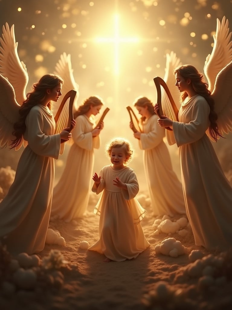 Baby Jesus is surrounded by angels. Angels play harps. Soft light creates a heavenly ambiance. Figures depict adoration and celebration. Background resembles a celestial landscape.