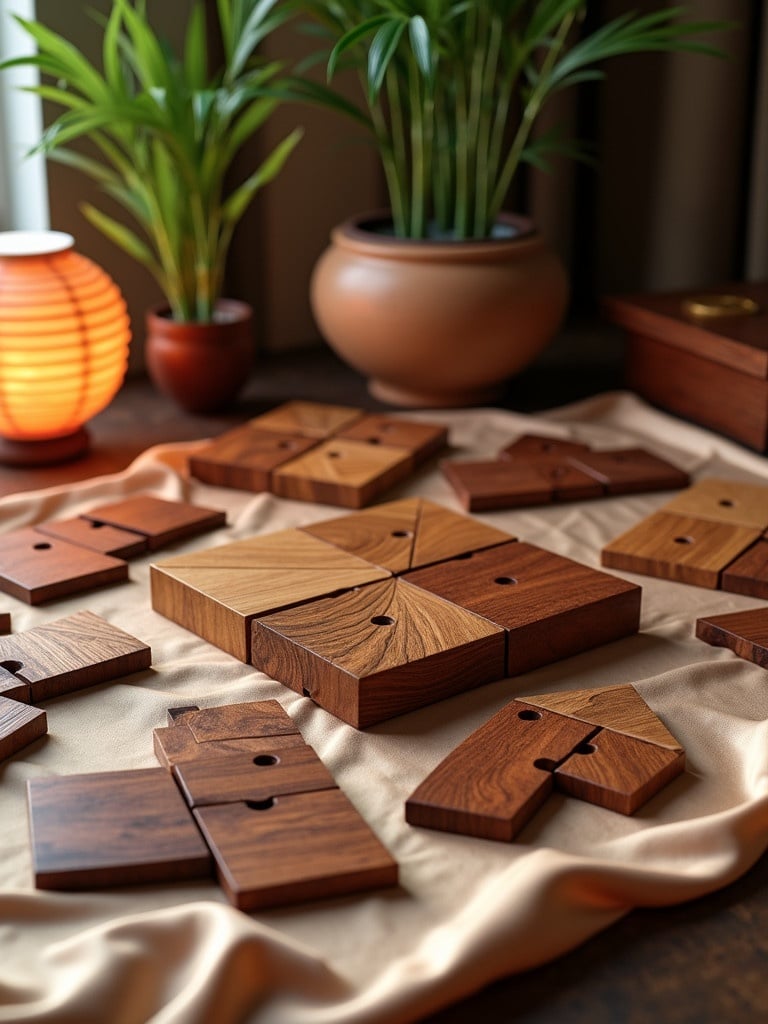 A collection of hyper realistic tangram puzzles made from exotic wood. The scene features indoor plants and a warm lamp set on a soft fabric surface. Details of wooden texture and craftsmanship are visible.