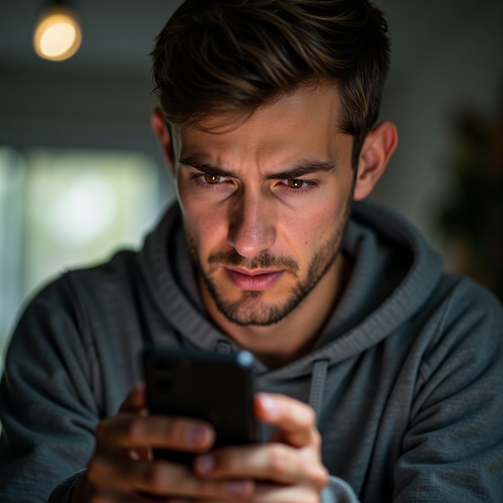 A young man focused and slightly concerned. He stares intently at a smartphone. Furrowed brow suggests deep concentration or frustration. Soft lighting from the side highlights features, providing realism and immediacy.