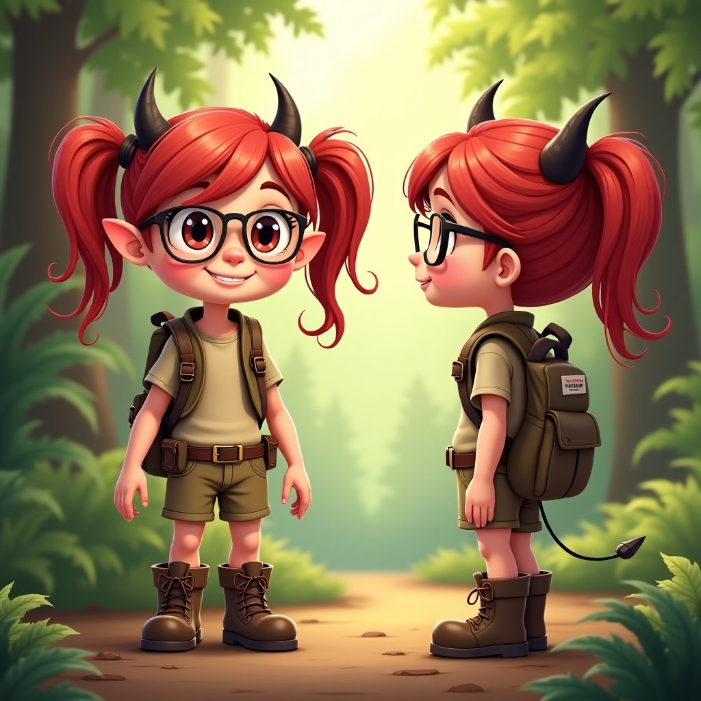 A cartoon demon girl with glasses and red hair stands on a leafy forest path. She is depicted in vibrant colors with a playful expression. The illustration shows her from multiple angles.