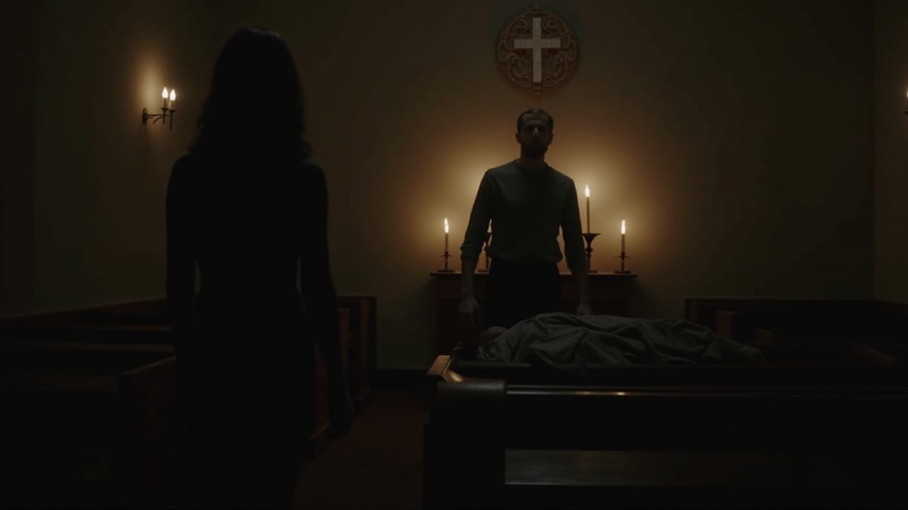 Inside a dimly lit church, a wife stands frozen in shock as she gazes at her husband. He looms ominously over the body of a pastor, holding a gun. The flickering candlelight creates an eerie atmosphere, casting long shadows across the wooden pews. The tension in the air is palpable, suggesting danger and a tragic turn of events. The muted colors add to the somber mood, evoking feelings of despair and confusion.