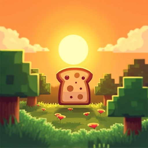 Logo design for Minecraft server named Breadland. Show an orange sunset background with pixelated trees and grassy terrain. Center features a pixel art bread slice. Modern and playful icon design style.