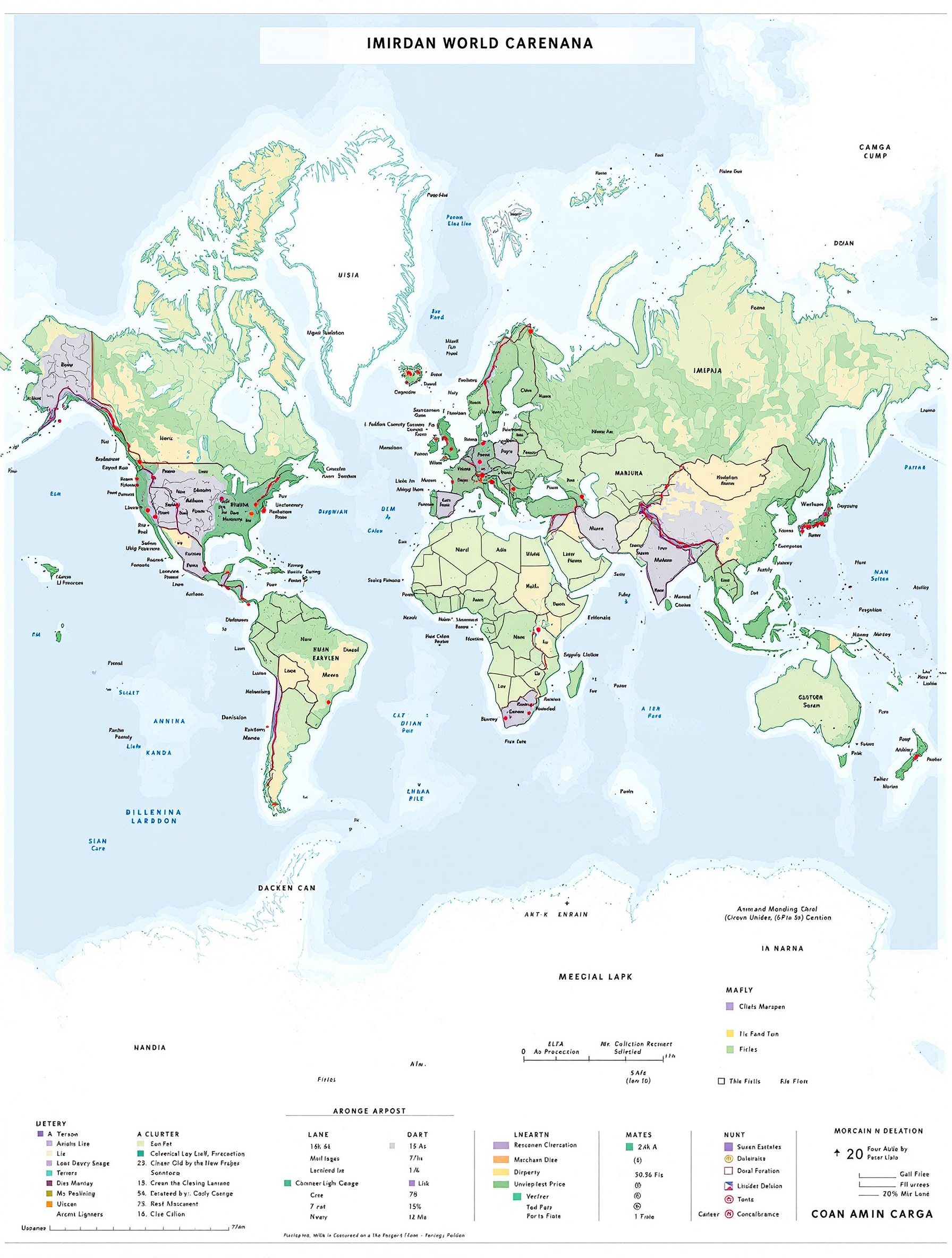 Detailed map of the world showing continents bodies of water and countries. Includes geographical and political boundaries.