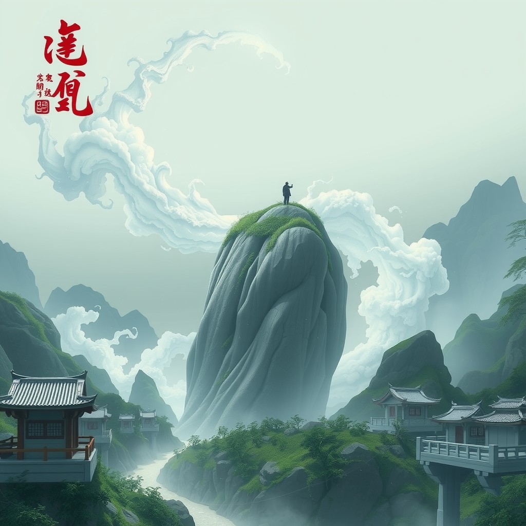 A contemplative figure stands atop a towering green peak amid misty mountains and traditional architecture.