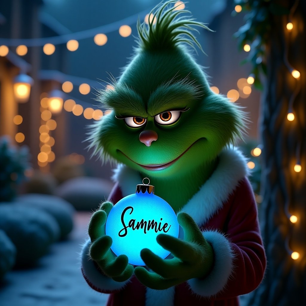 Serene night garden with the Grinch. Grinch holds glowing blue Christmas bauble. Bauble features name Sammie in elegant script. Twinkling Christmas lights create magical atmosphere.