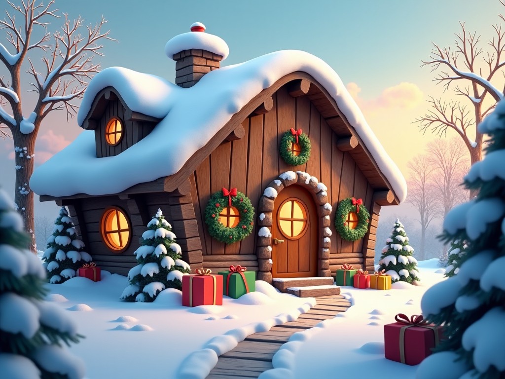 a cozy wooden cabin in a snowy landscape decorated for Christmas, with gifts and wreaths outside, in a cartoon style