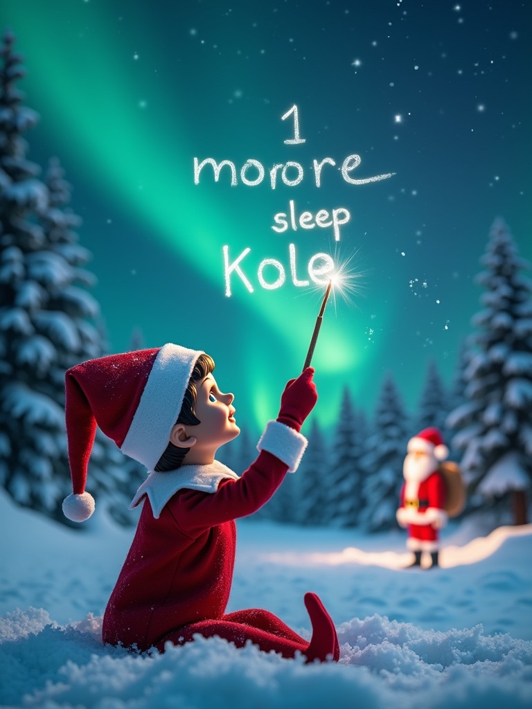 Christmas scene with an elf sitting in snow. Elf gazes at night sky. Elf writes '1 more sleep Kole' with a wand. Northern lights illuminate background. Santa Claus is visible in distance. Snow covers ground creating a winter wonderland. Moment embodies holiday joy and wonder.